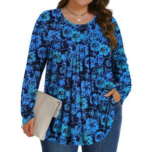 Fantaslook Women Plus Long SleeveCrew Neck Tunic Blouse SIZE 2XL BLUE FLORAL NWT